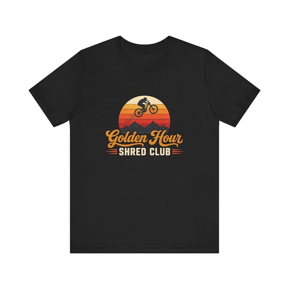 Black Golden Hour Shred Club tee with a sunset and mountain biker graphic