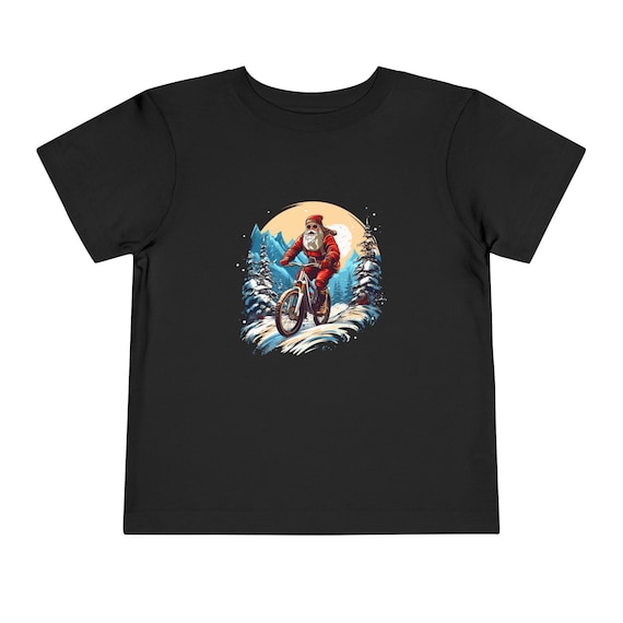 Shredmas Toddler Shirt, Santa on a Bike Kids Christmas Tee, Snowy Mountain Bike Toddler T-Shirt, Holiday Gift for Kids