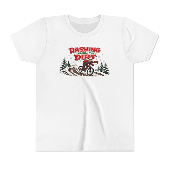 Dashing Through the Dirt Youth Shirt, Kids Mountain Bike Christmas Tee, Funny MTB Holiday T-Shirt, Boys Girls Bike Gift