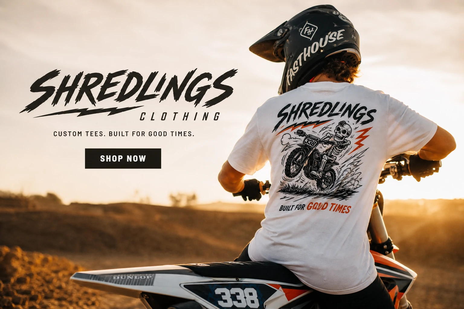 Shredlings brand artwork with a helmeted dirt-bike rider at sunset